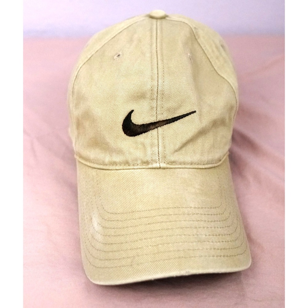 Nike Logo Baseball Cap Canvas Adjustable Hook & Loop Strap Tan 100% Cotton